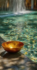 Golden bowl by pool, sunlit water, cascading fountain