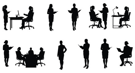 Silhouettes of business people working in office settings and meeting