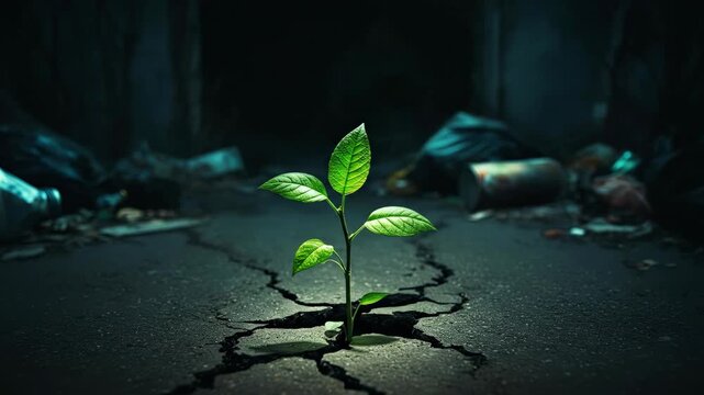 A single green plant growing through cracked asphalt surrounded by trash, symbolizing resilience and hope against a dark background.