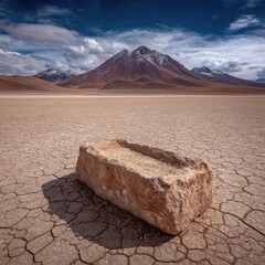 Lonely stone in arid landscape, volcano backdrop