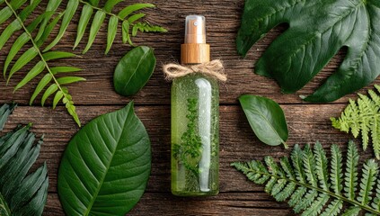 Glass spray bottle of green liquid surrounded by various green leaves on a rustic wooden surface