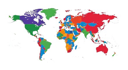 Colorful world map divided into regions by color