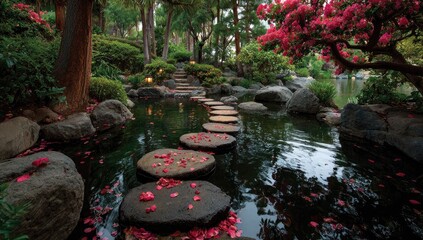 Serene stepping stones across a dark pond, flanked by lush greenery and flowering trees