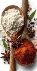 Two wooden spoons hold flour and spice