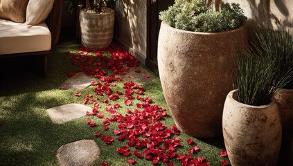 Sunlit patio with scattered rose petals, potted plants, and stone pathway