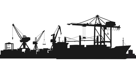 Black silhouette of cargo ship and cranes at a port facility