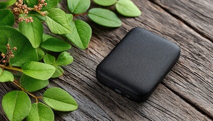 Black portable charger rests on rustic wood, flanked by green foliage