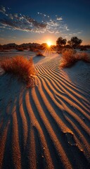 Sunset over desert landscape, sand dunes ripple