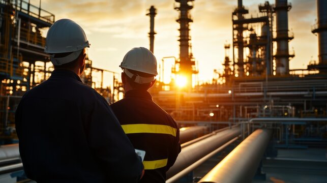 Workers monitoring operations at oil refinery during sunset industrial site photography urban environment wide angle view energy sector