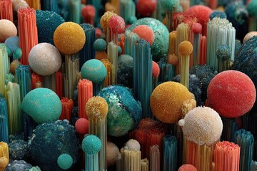 Abstract 3D render of colorful spheres and textured cylinders