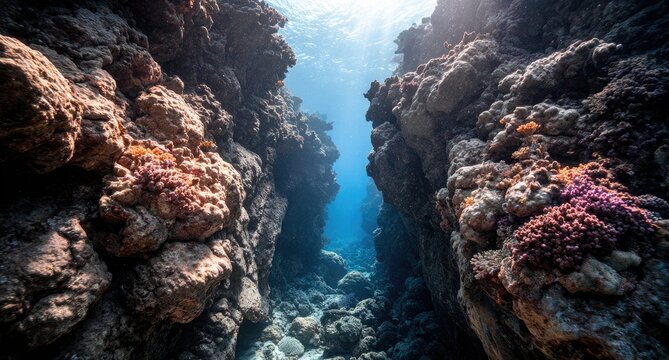 Underwater coral canyon, sunbeams - Powered by Adobe