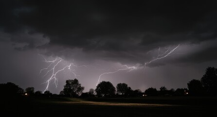 Dramatic lightning strikes over dark landscape