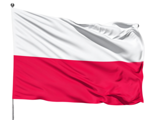  Flaga Polski powiewająca na wietrze z realistycznymi fałdami tkaniny, widok z boku, przezroczyste tło PNG