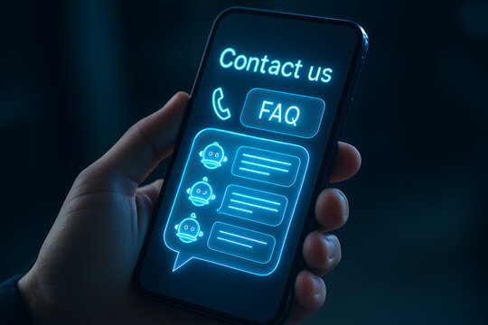 A hand holds a phone displaying a glowing contact us screen with a phone icon, FAQ section and chatbot conversation bubbles