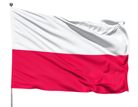  Flaga Polski powiewająca na wietrze z realistycznymi fałdami tkaniny, widok z boku, przezroczyste tło PNG