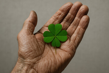 Elderly hand gently holding fresh four leaf clover symbolizing luck, nature, hope, and positive fortune on neutral background