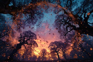 Low-angle view of falling autumn leaves against a vibrant sunset, silhouetted by large trees