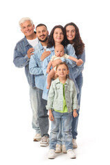 Portrait of big family in denim clothes on white background