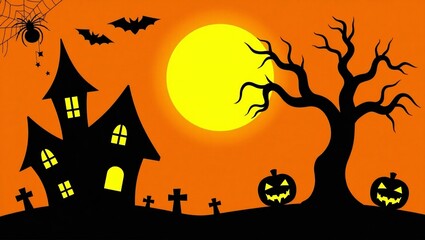 Spooky halloween scene with haunted house bats spider and jack o lanterns