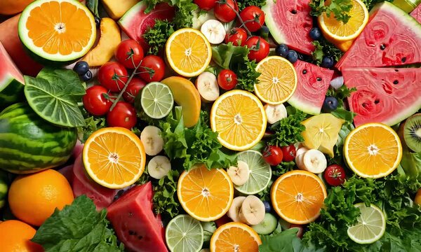 Assorted colorful sliced fruits close up