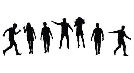 Group of people running and jumping in different poses silhouettes