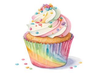 Whimsical rainbow swirl cupcake with colorful sprinkles on black background