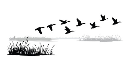 a flock of birds flying over a serene wetland landscape with grasses