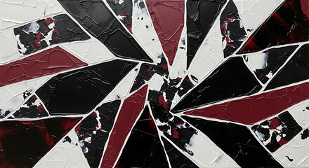 Abstract geometric art with black, red, and white triangles in a chaotic design.