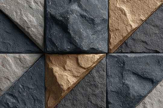 Geometric arrangement of square and triangular stone tiles in grey, beige, and dark-grey hues