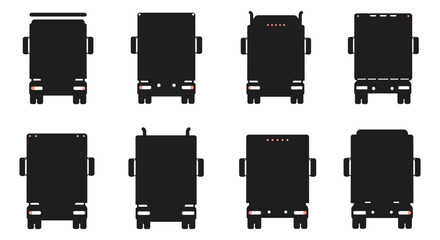 Rear views of various trucks and semi trailers in silhouette
