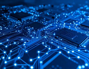 Fototapeta premium Close-up circuit board, glowing blue