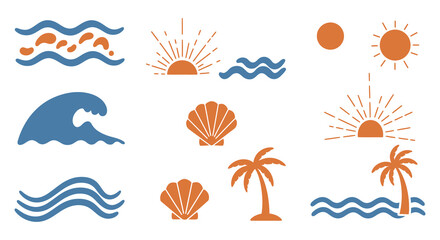 A collection of beach icons in blue and orange colors