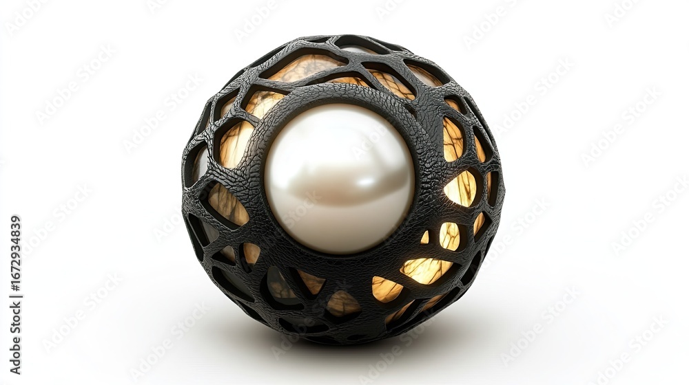 Poster abstract sphere with intricate black lattice structure enclosing a luminous pearl