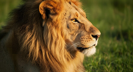 Closeup profile of a male lion in a grassy field