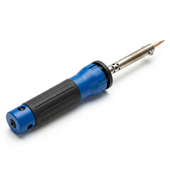 Electric soldering iron with a blue and black handle, an essential tool for electronics repair and DIY hobbies, isolated on a white background