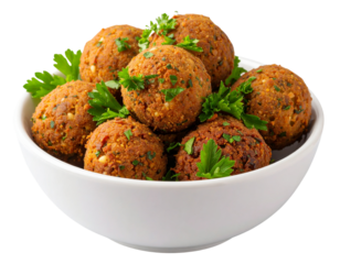  Falafel Balls with Garnish in Serving Bowl, isolated on transparent background PNG