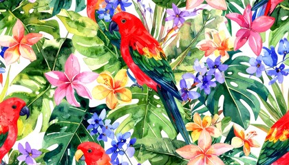 Vibrant watercolor illustration featuring parrots nestled among lush tropical foliage and blooms