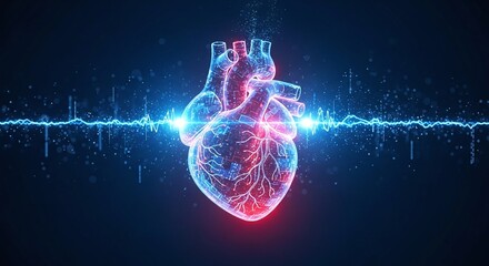 Digital human heart with glowing blue pulse