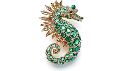 Obraz premium Exquisite emerald and gold seahorse brooch set against a pristine white backdrop