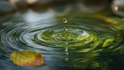 Water droplet creating ripples in tranquil pond, leaf floats nearby