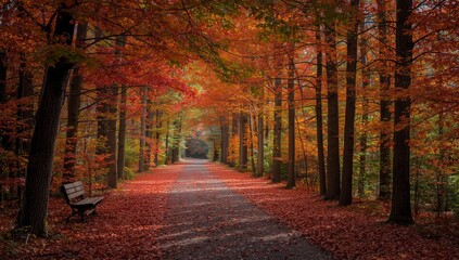 Autumn Path Adorned with Vibrant Red Leaves