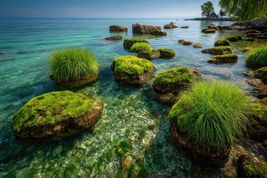 Clear lake water laps mossy rocks and grasses - Powered by Adobe