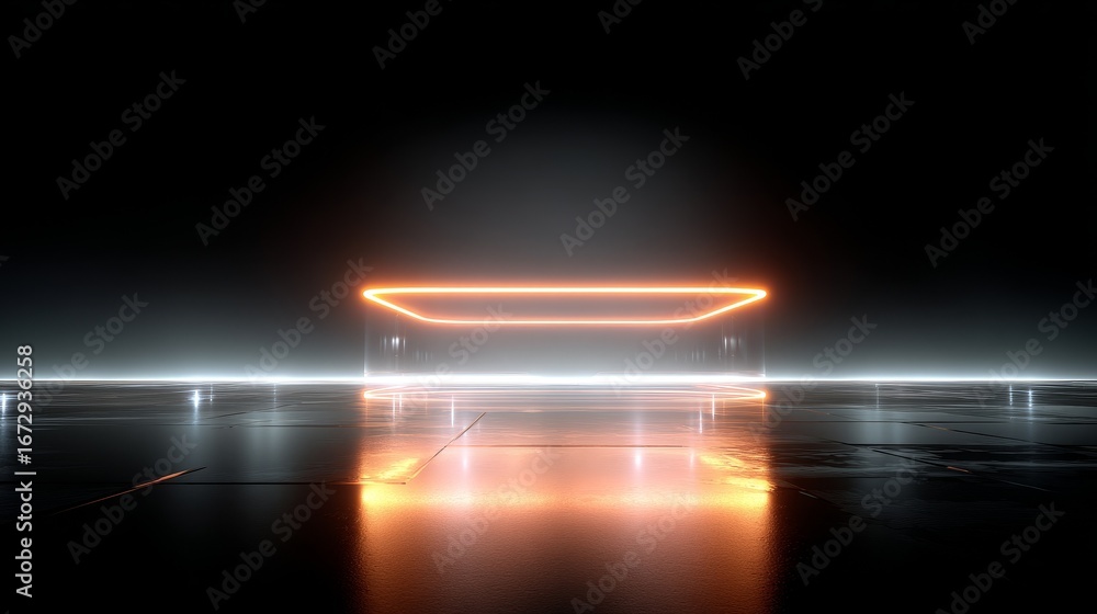 Poster orange neon line glowing at the center of a black background forming a rectangular shape, minimalist