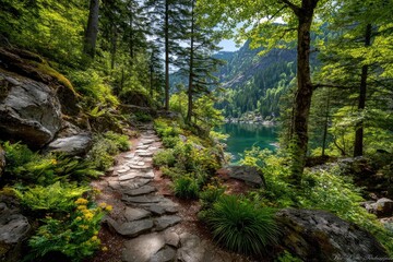 Sun-dappled stone path winds through lush forest to tranquil lake