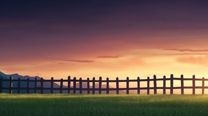 Wooden fence stretches across green grass under vibrant purple and orange sunset sky, creating peaceful rural landscape with distant mountains and soft evening light