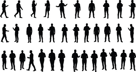 Silhouettes of diverse business people walking, talking, using phones, gesturing, men and women, professional attire, teamwork, communication, corporate staff, office interaction
