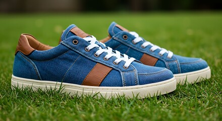 Close-up of blue denim sneakers with brown leather accents on green grass.
