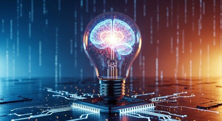 Lightbulb with glowing brain and digital data stream