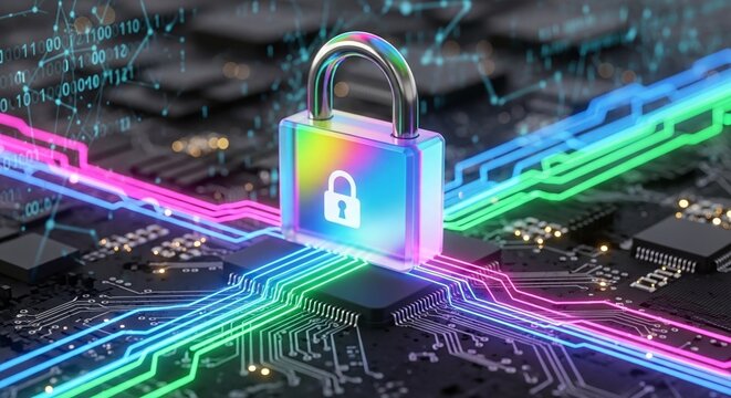 Digital padlock on circuit board with neon light - Powered by Adobe