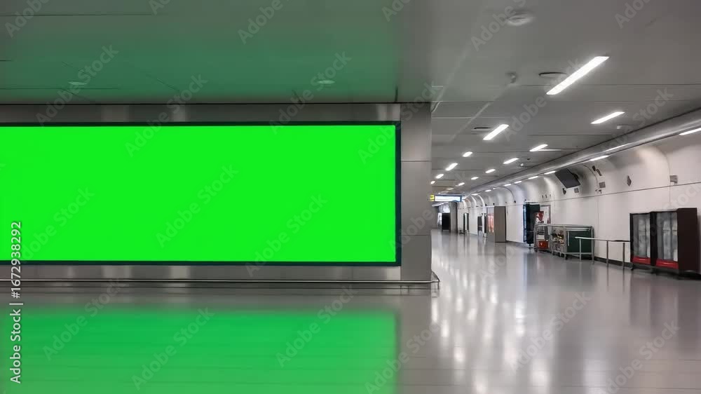 Poster Empty modern corridor with large green screen background